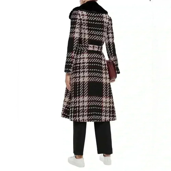 Kate Spade Wool Coat Plaid Belted Long Fur Collar Trim Pink Double Breasted 0 XS - Picture 3 of 10
